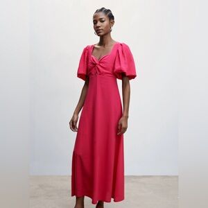 EUC Mango Hot Pink Maxi Dress Puff Sleeves Cutout Peasant Dress Sundress